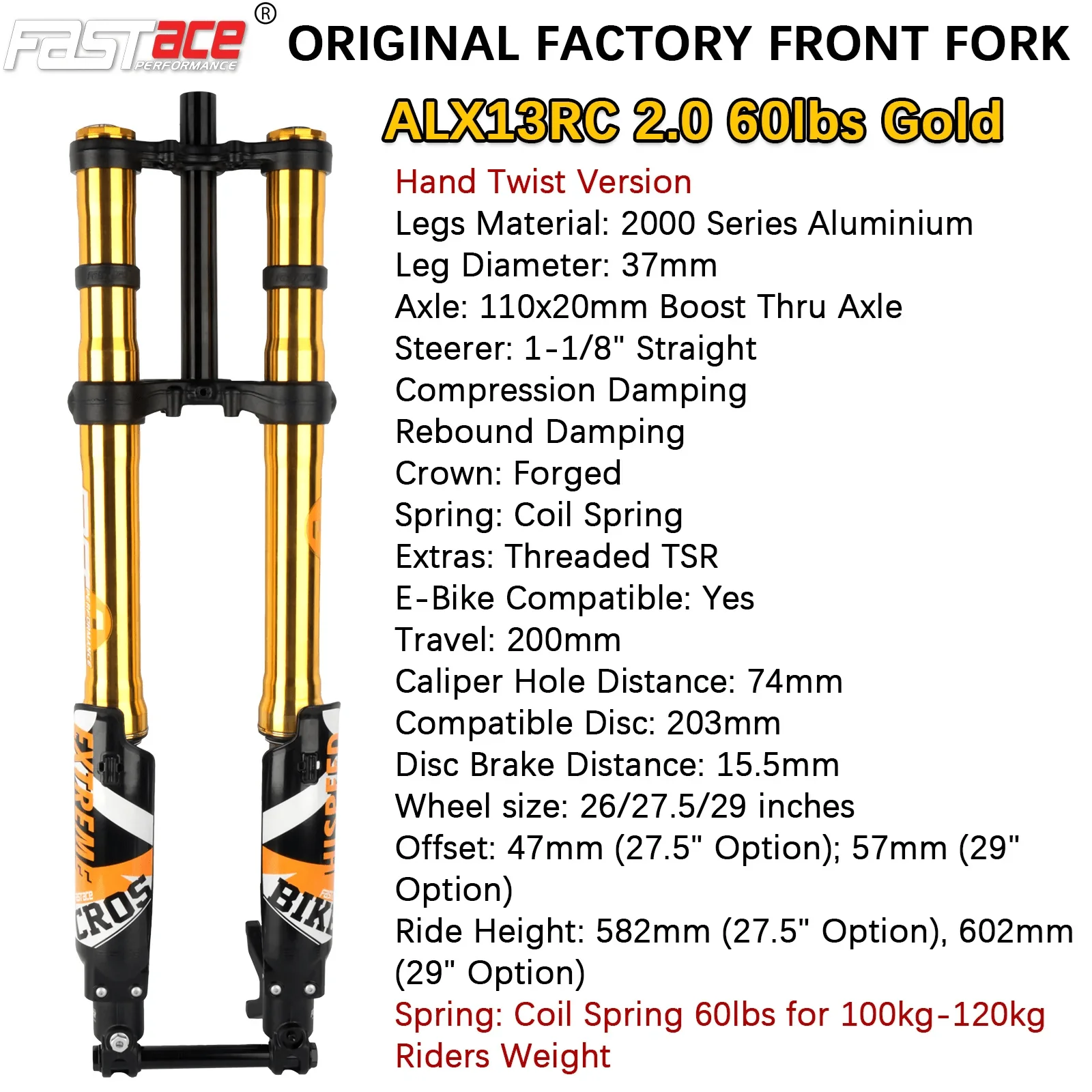 FASTACE ALX13RC 2.0 Original Factory Front Fork Suspension For Surron Talaria Sting E Ride Pro SS 19" 26" 27.5" 29" || GOLD